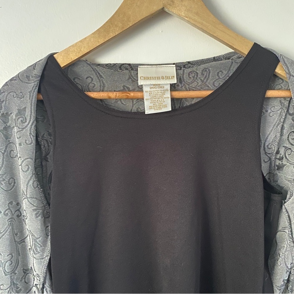 Vintage Christie & Jill Black Gray Floral Button Blouse w. Built in Tank Top SP - Picture 4 of 7